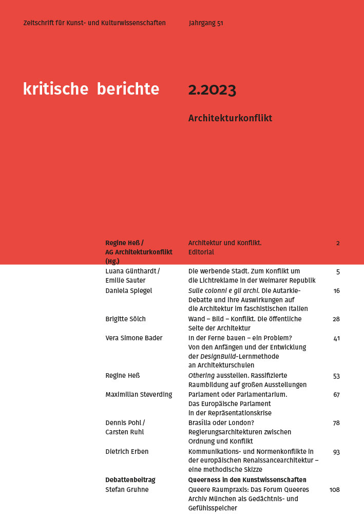 Cover Architecture Conflict kommunizieren kritische berichte 51 , 2023, No. 2 Architecture Conflict, ed. by Regine Hess,<br />
working group<br />
Architecture Conflict</p>
<p>Kritische Berichte.<br />
Journal for Art History<br />
and Cultural Studies, 2/2023