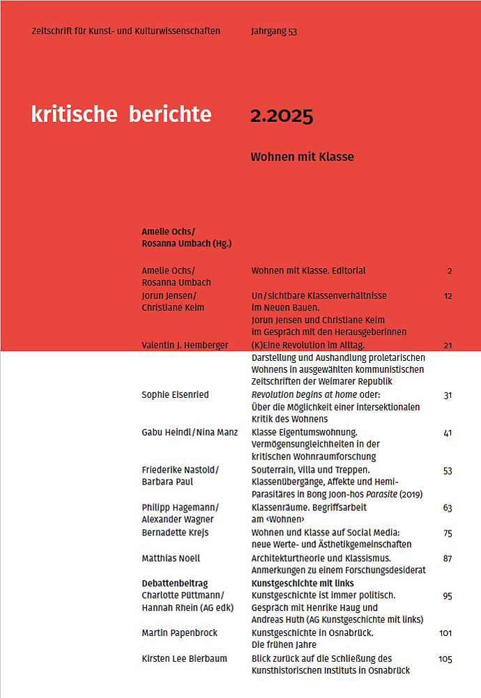 Wohnen mit Klasse. Ed. by Amelie Ochs and Rosanna Umbach. Supervision by Regine Hess. Kritische Berichte. Journal For Art History And Cultural Studies, 2/2025